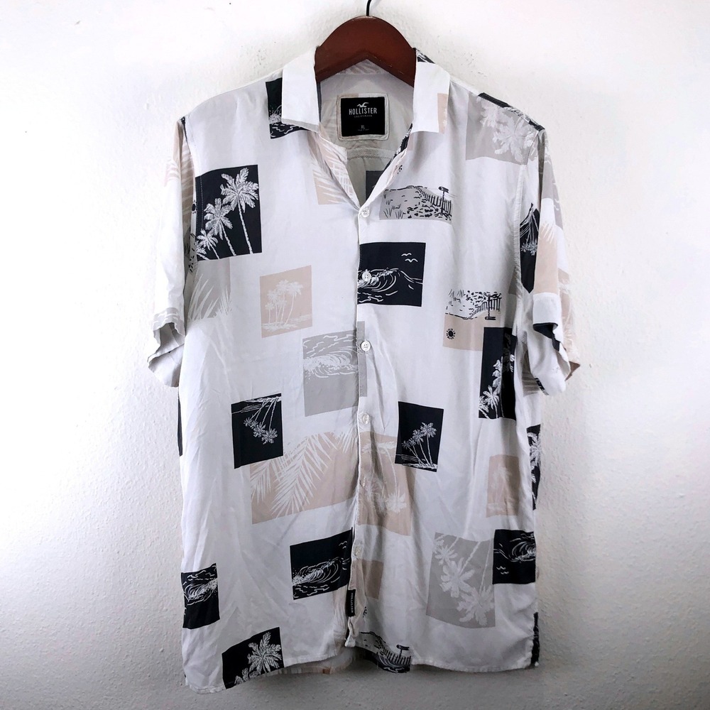 Hollister‎ Mens XL Tropical Block Print Button Up Aloha Shirt White Palm Tree